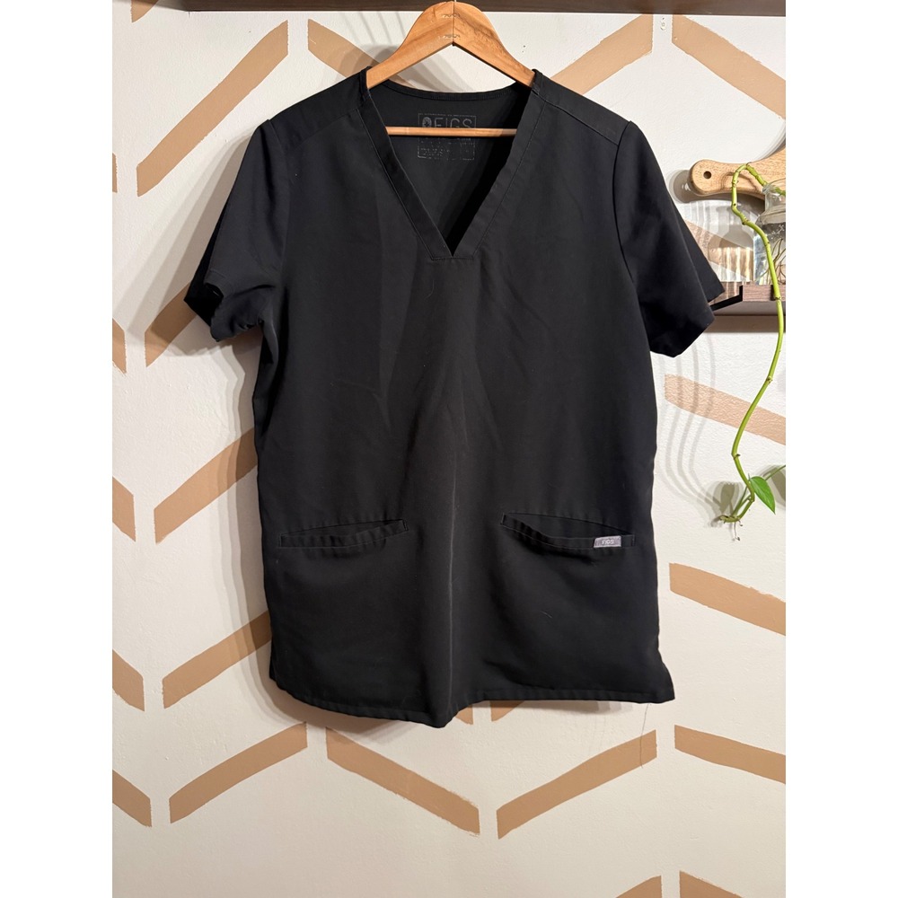 FIGS Scrub Top Women Medium Black V-Neck Two Pocket Technical FW1100